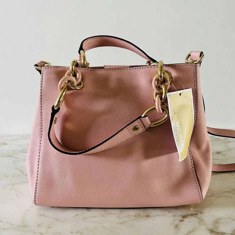 MICHAEL KORS Cynthia Pastel Pink Leather Small Satchel Crossbody Bag
